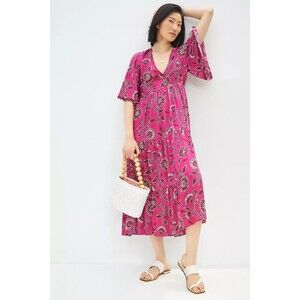 Omika Pia Maxi Dress Women's Size XS Pink Floral Flutter Sleeve Viscose Dress